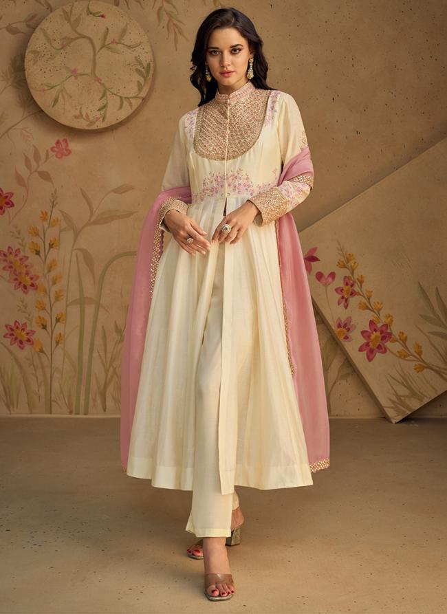 Pure Silk Off White Festival Wear Embroidery Work Readymade Anarkali Suit